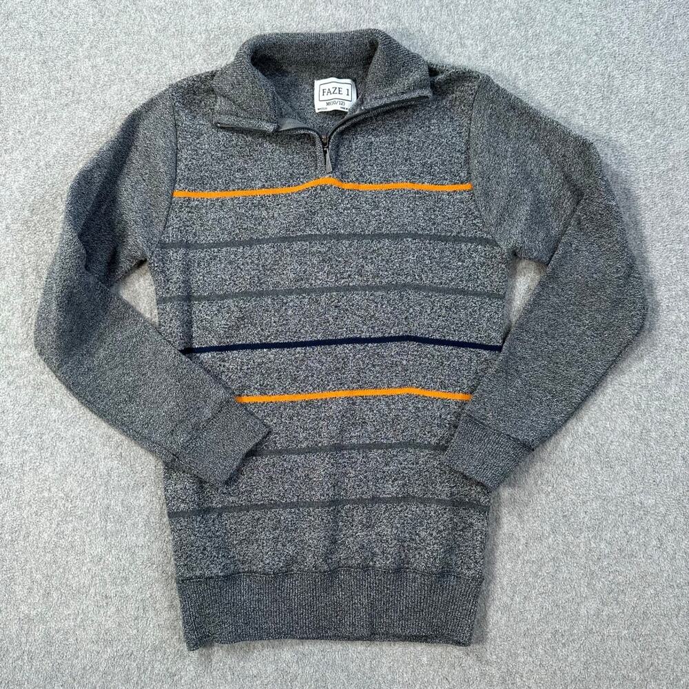 Faze 1 Quarter Zip Pullover Sweater Boys Medium 10/12 Gray Orange Knit Stripe